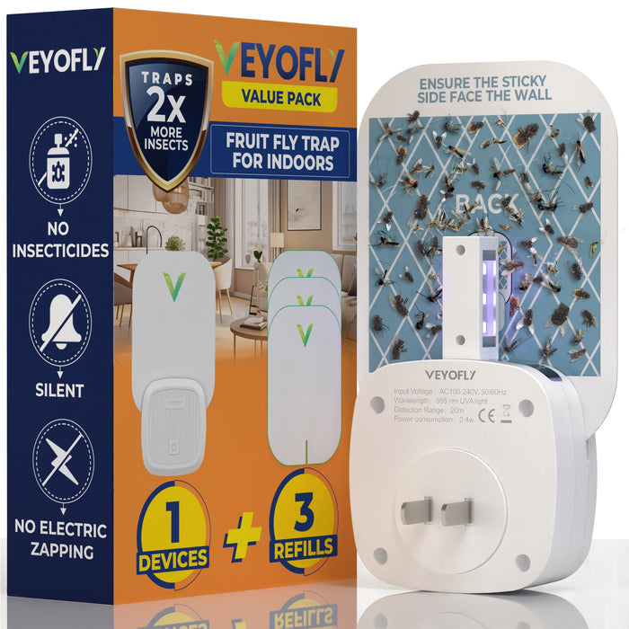 VEYOFLY Indoor Flying Insect Trap - Plug-in Bug Light Trap for Fruit Flies, Gnats and Houseflies - Odorless and Mess Free (1 Device + 3 Glue Boards)