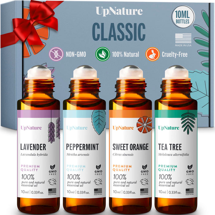 UpNature Top 4 Essential Oil Roll On Gift Set - Peppermint, Lavender, Tea Tree, Sweet Orange -Gift for Mom, Women & Men, Relaxing Gifts for Mom, Women & Men Essential Oil Set, Stocking Stuffer