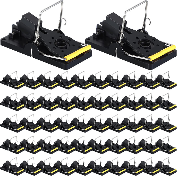 Qualirey 50 Pcs Mouse Traps Plastic Mice Trap House Indoor Rat Trap Quick Effective Safe Mouse Traps for Warehouse Garden Kitchen 3.86 x 1.81 x 2.17 Inch (Black,Yellow)