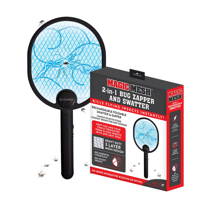 Magic Mesh 2 in 1 Bug Zapper & Swatter- Rechargeable Electric Swatter & Night Zapping Lamp- Zapping Racket Kills Mosquitos, Flies, & Insects Outdoors or Indoors