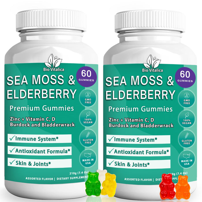 (2 Pack) Sea Moss Gummies Elderberry BioVitalica - Vitamin C D + Zinc - Irish Seamoss Vegan Gummy with Sea Moss Gel & Powder for Immunity Detox & Energy - for Adults and Kids