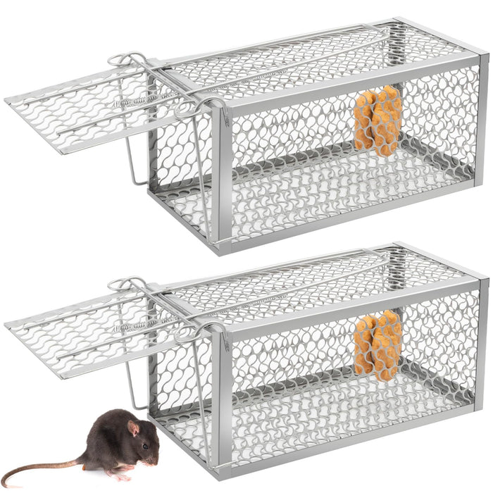 Humane Rat Trap Chipmunk Rodent Trap Mouse Trap Squirrel Trap Small Live Animal Trap Mouse Voles Hamsters Live Cage Rat Mouse Cage Trap for Mice Easy to Catch and Release (Silver,2 Pcs)