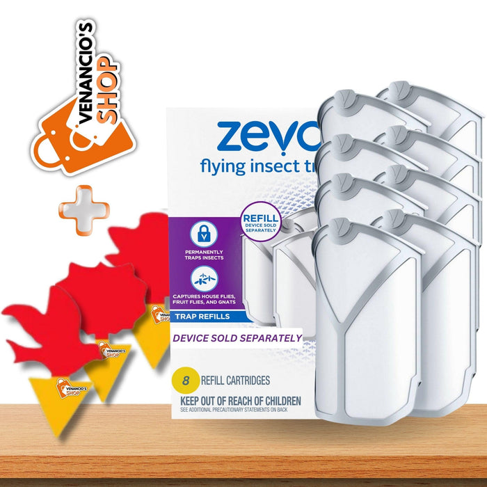 ZEVO Refills Cartridges | Device Sold Separately, White, ZEVO Flying Insect Trap Refill Fly Trap Refill Cartridges + Includes Exclusive Venancio’sFridge Sticker & Sticky Fruit Trap (Zevo 8 Refills)