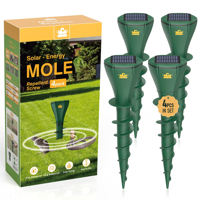Mole Repellent for Lawns, Solar Powered | Patent Screw-Shape-Stake Design | IP65 Waterproof, Varying Sonic and Vibration to Expel Mole Gopher Snake Vole, for Lawn Garden & Yard(4pcs)