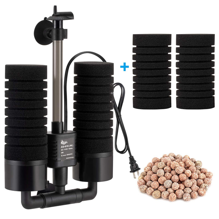 AQQA Aquarium Sponge Water Filter, Power Driven Double Biochemical Filter, Quiet Submersible Foam Filter with 2 Extra Sponges, 1 Bag of Filtered Ceramic Balls for Fresh and Salt Water Fish Tank (L)