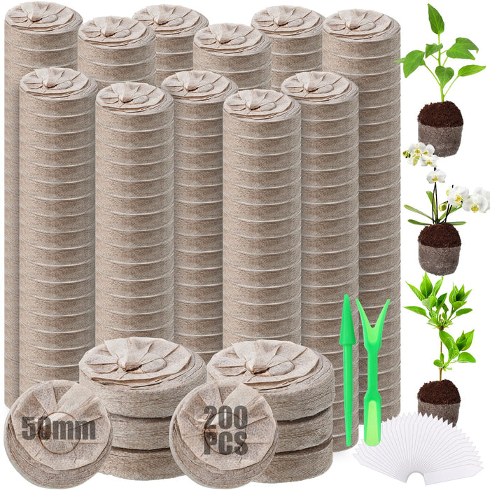 Wesiti 200 Pcs 50mm Peat Pellets Seed Starter Soil Pods Plugs Compressed Peat Nutrient Seed Starting Pods Bulk for Garden Planting Herb Flower Vegetables with 200 Plant Labels and 4 Garden Tools