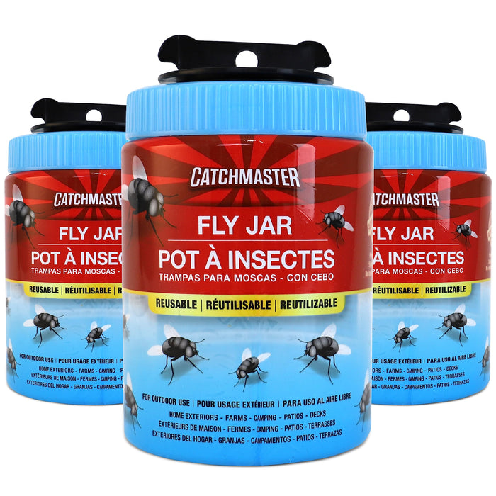 Catchmaster Reusable Fly Traps Outdoor Jar 3-Pack, Bug Catcher and Flying Insect Trap with Natural Attractant for Pest Control, Pet Safe, Non Toxic Bulk Fly Bait Traps