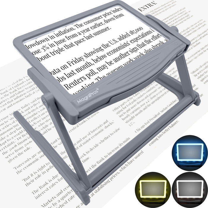 MAGNIPROS 5X Large LED Full Page Magnifying Glass with Detachable Hands-Free Stand & 3 Color Lighting Modes to Reduce Eye Strain, Ideal for Reading Small Print, Crafting, Low Vision & Seniors