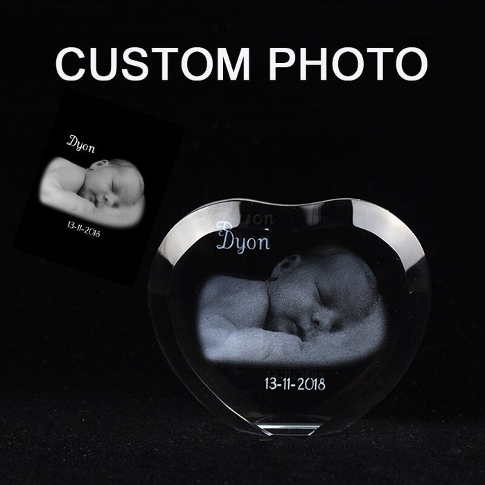 Custom Charming Heart 3D Photo Laser Engraving Baby Family Wedding Pets Image Crystal Photo Frame